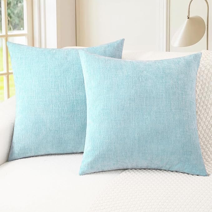 CaliTime Decorative Throw Pillow Covers 18 X 18 Inches Light Blue Grey | Pack of 2, Cozy Chenille Cushion Cases for Couch Sofa Bed Living Room Farmhouse Home