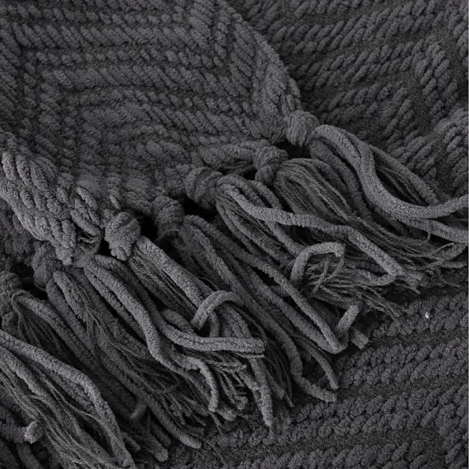 BATTILO HOME Dark Grey Throw Blanket for Couch, 60"x80" | Knit Charcoal Throw Blanket Versatile for Chair, Super Soft Warm Grey Blanket with Tassels for Bed, Sofa and Living Room