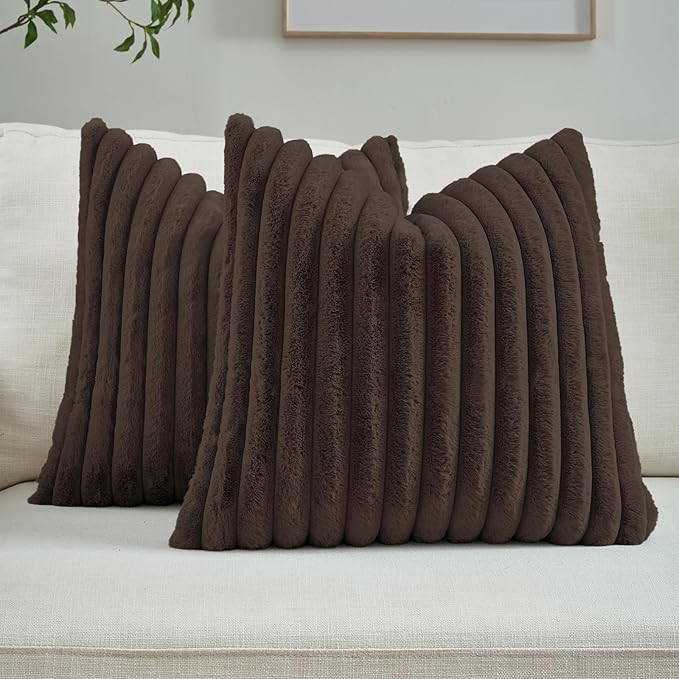 FUTEI Pack of 2 Faux Fur Throw Pillow Covers 22x22 Inch, Dark Coffee | Fluffy Faux Rabbit Fur Front/Premium Velvet Back,Hidden Zipper,Machine Washable,Non-Shedding,Colorfast,Insert Not Included.
