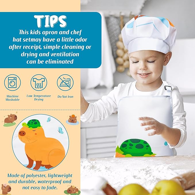 R HORSE Kid Apron and Chef Hat Set - 2Pcs Capybara Adjustable Children Kitchen Apron Dress up Role Play Chef Toy Kid Cooking Gift Birthday for Kids Cooking Baking Painting and Training
