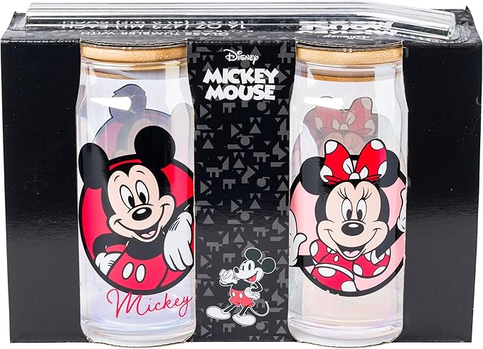 Silver Buffalo Disney Mickey and Friends Featuring Minnie 2 Pack Glass Jar Tumbler with Bamboo Lid and Glass Straw, 16 Ounces