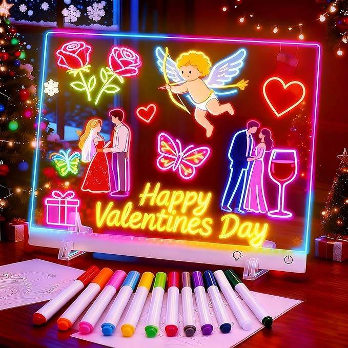 17" LED Note Board with Colors, 7 Light Effects Rechargeable Acrylic Led Drawing Board for Kids, Doodle Glow Dry Erase Lumi Boards with 12 Markers as Birthday & Christmas Gifts for Teen Girls & Boys
