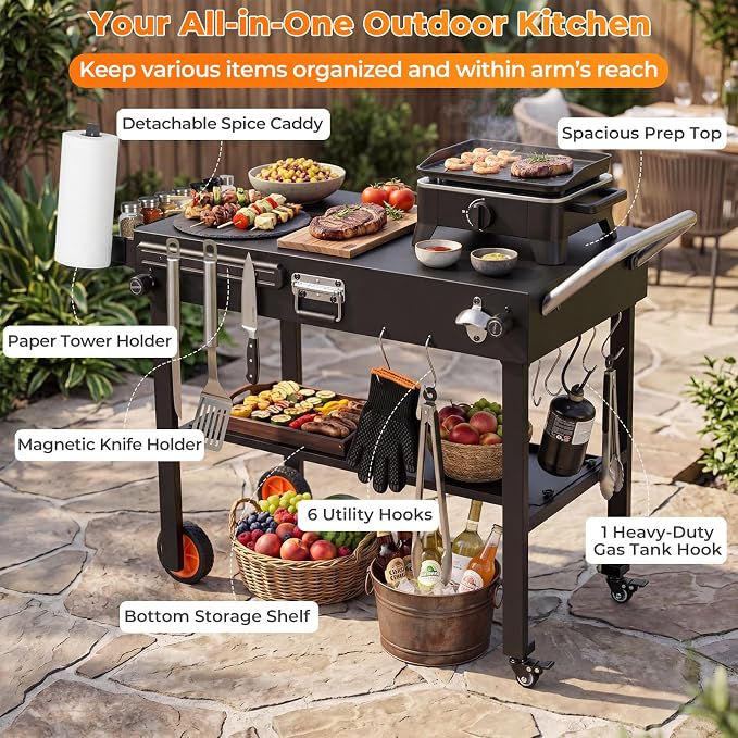 Happygrill 32”W x 18”D Folding Grill Cart for 17” & 22” Griddles | Outdoor Portable BBQ Prep Table w/Heat-Resistant Mat, Lockable Wheels, Magnetic Knife Holder, Pizza Oven Stand for Camping