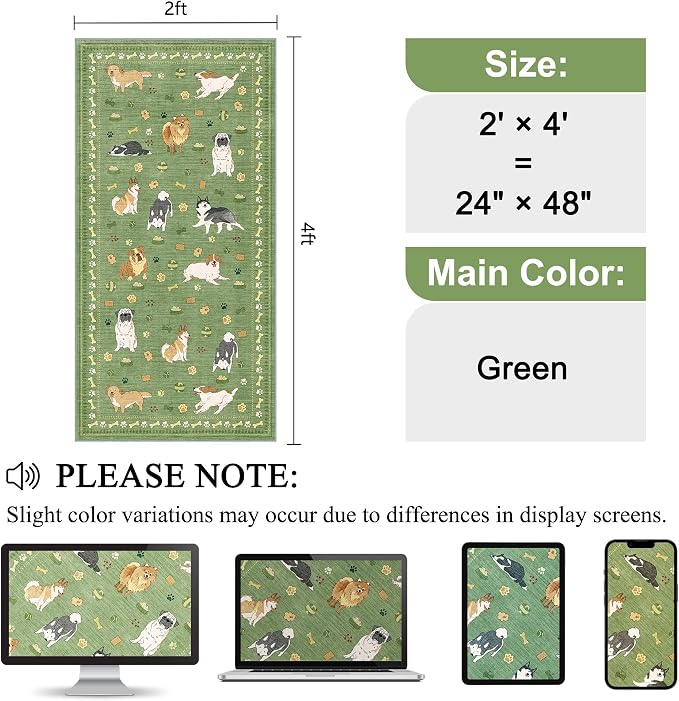 DUKINO 2x4 Rug Runner, Washable Dog Bathroom Rug Soft Non Slip, Green | Low Pile, Non-Shedding, Stain Resistant, Indoor Animal Carpet Runner for Kitchen Entryway Hallway Laundry Farmhouse Bedroom