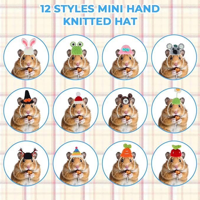 12 Pcs Hamster Hats Mini Hat Cute Small Animals Hat with Adjustable Rope, Hamster Clothes Tiny Hats for Snakes Lizard Guinea Pig Bearded Dragons Holiday Party Costume Accessories