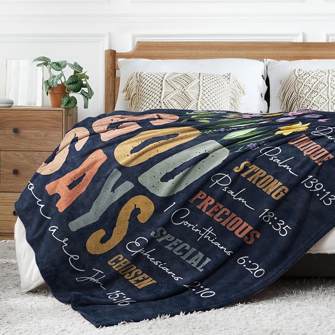 Christian Gifts for Women - Inspirational Floral Blanket | Religious Birthday Gift, Christian Blanket for Mom, Sister, Friend, Baptism & Confirmation, Spiritual Gift for Her (Blue)