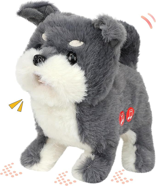 Hopearl Walking Schnauzer Repeat What You Said Interactive Electronic Pet Plush Bark Puppy Toy Animated Singing Speaking Walking Gift for Toddlers Birthday, Gray, 7''
