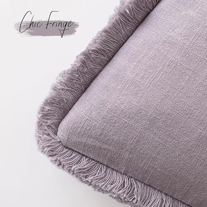 Foindtower Set of 2 Decorative Linen Fringe Throw Pillow Covers Cozy Boho Farmhouse Cushion Cover with Tassels Soft Accent Pillowcase for Couch Sofa Bed Living Room Home Decor,18×18 Inch,Light Purple