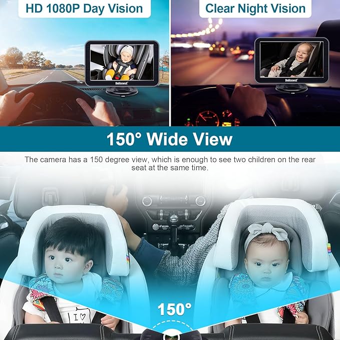 DoHonest Baby Car Camera 7-Inch: USB Plug and Play Easy Setup 360 Degree Rotating Backseat Camera Two Kids HD 1080P Rear Facing Car Seat Cameras Clear Night Vision -V9