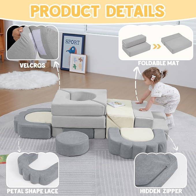 13 Pieces Foam Climbing Blocks for Toddlers|Kids Floral Soft Play Climbing for Indoor,Modular Crawing Toys with Washable Cover for Playroom,Bedroom and Preschool,Gray & Beige
