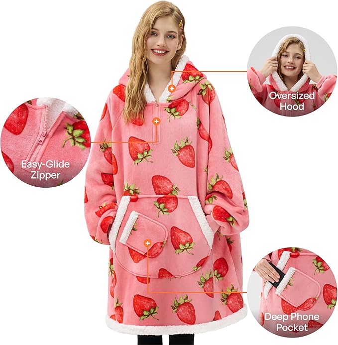Giggling Getup Wearable Blanket Hoodie for Adults Gifts for Teen Girls Sister Women Sherpa Fleece Printed Hooded Blanket Sweatshirt Warm Cozy with Pocket & Sleeves Pink Strawberry