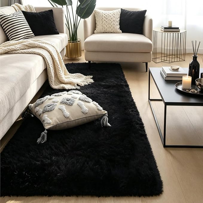 Black Fluffy Shag Rug 2x6, 2 Pcs Soft Plush Fuzzy Washable Non Slip | Modern comfy furry shaggy carpet for bedroom, living room, kids room, nursery, dorm, boys and girls