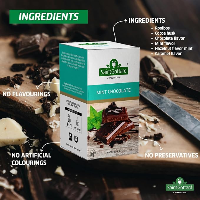 [Mint Chocolate] Saint Gottard Herbal Tea – Caffeine-Free Herbal Infusion, Natural Ingredients, Hot or Iced Tea, Organic Premium Flavor Blend, Aromatic & Smooth Taste, 40 tea bags