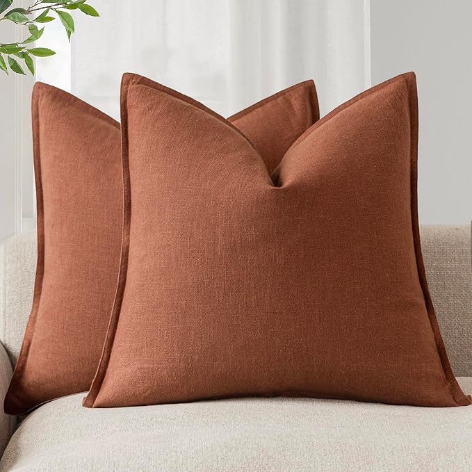 Foindtower Pack of 2, Decorative Linen Solid Throw Pillow Covers Soft Accent Cushion Case Farmhouse Neutral Pillowcase for Chair Couch Sofa Bedroom Living Room Home Decor 18 x 18 Inch Fall Rust Orange