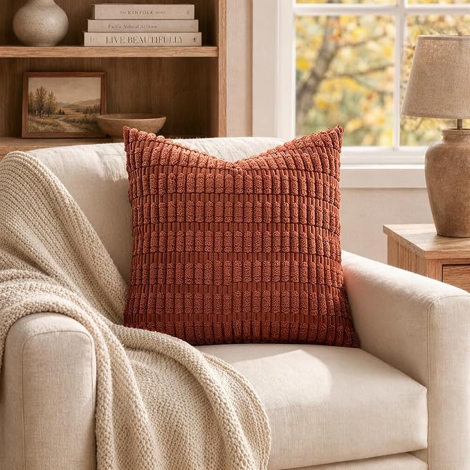 MIULEE Fall Corduroy Decorative Throw Pillow Covers 18x18 Rust Pack of 2 | Terracotta Soft Boho Striped Pillow Covers Modern Farmhouse Autumn Home Decor For Sofa Living Room Couch Bed