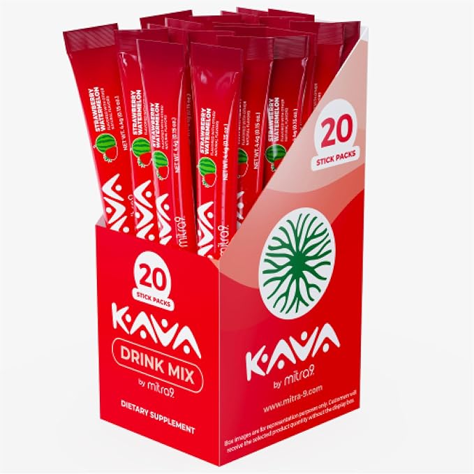 Mitra9 Kava Drink Mix | Strawberry Watermelon | 20 Stick Packs | Kava Root Extract Powder for Relaxation & Stress Relief | Non-Alcoholic, Zero Calorie | Single-Serve Packets