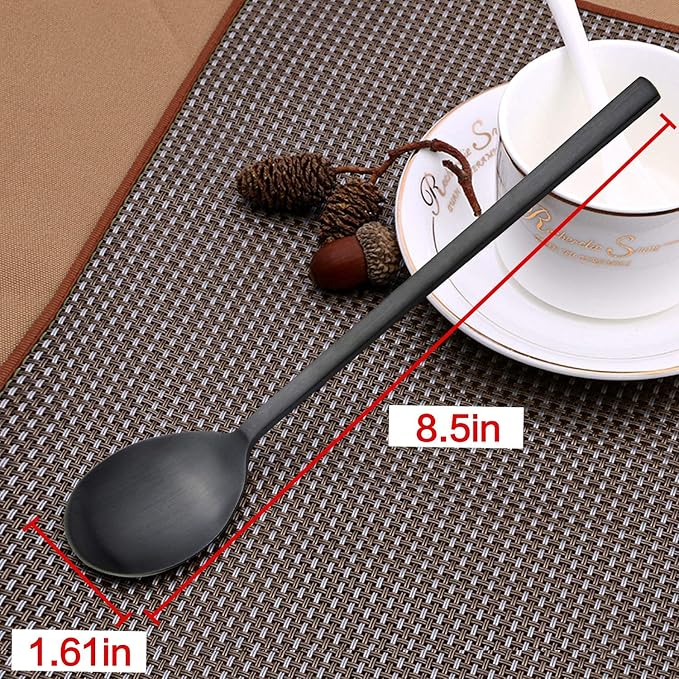 IQCWOOD Korean Soup Spoon Stainless Steel, 8.5 Inch 8-Piece Black | Long Handle Korean Dinner Tablespoon for Eating Asian Metal Home Kitchen or Restaurant