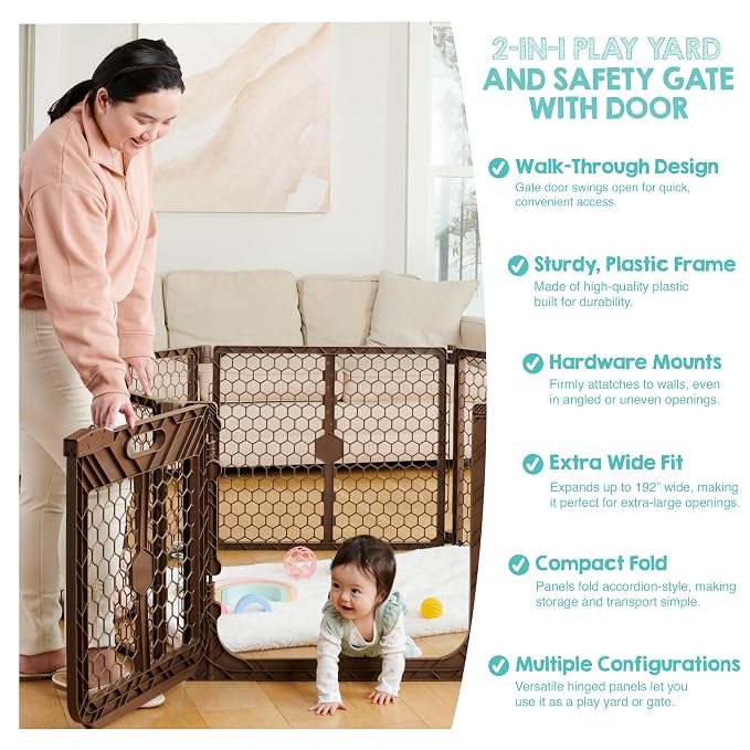 Regalo Safety 192” Super Wide 2-in-1 Baby Gate & Play Yard with Door, Adjustable 6-Panel Plastic Safety Gate for Doorways & Large Openings, Hardware Mounted Baby & Pet Gate, Brown