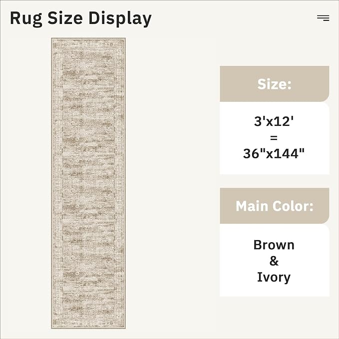 Soalmost Washable 3x12 Hallway Runner Rug Non-Slip Kitchen Entry Rugs Brown | Vintage Long Runners 12ft for Bathroom Entryway, Foldable Low-Pile Wide Floor Carpet Mat for Corridor Laundry Room Bedroom