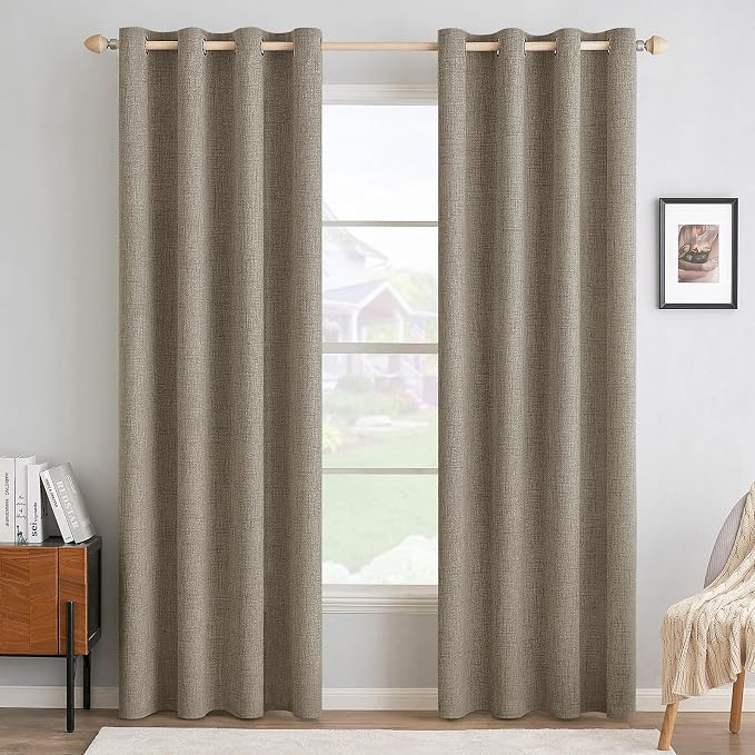 MIULEE 100% Blackout Linen Textured Curtains for Bedroom Solid Thermal Insulated Faux Linen Grommet Room Darkening Curtains & Drapes Luxury Decor for Living Room 52 x 72 Inch (2 Panels)
