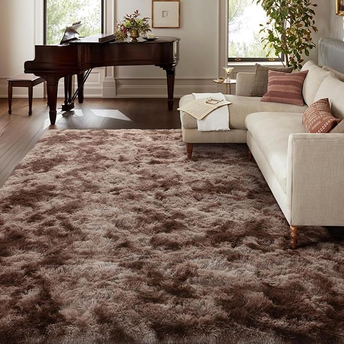 7x10 Ft Extra Large Shag Brown Area Rug for Living Room, Tie-Dyed Ultra Soft Fluffy Furry Rugs for Bedroom Indoor Floor, Aesthetic Carpet for Kids Home Decor (Coffee)
