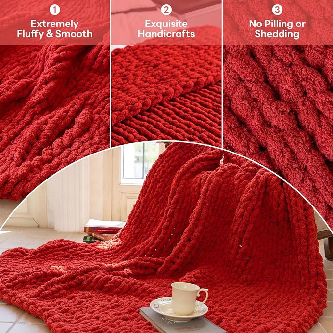 Chunky Knit Blanket - Luxury Soft Cozy 60 * 80 Throw Blanket,100% Woven Blanket Rope Knot Throw Blanket for Couch, Sofa, Home Decor, Gift - Machine Washable (Wine red, 60 * 80)