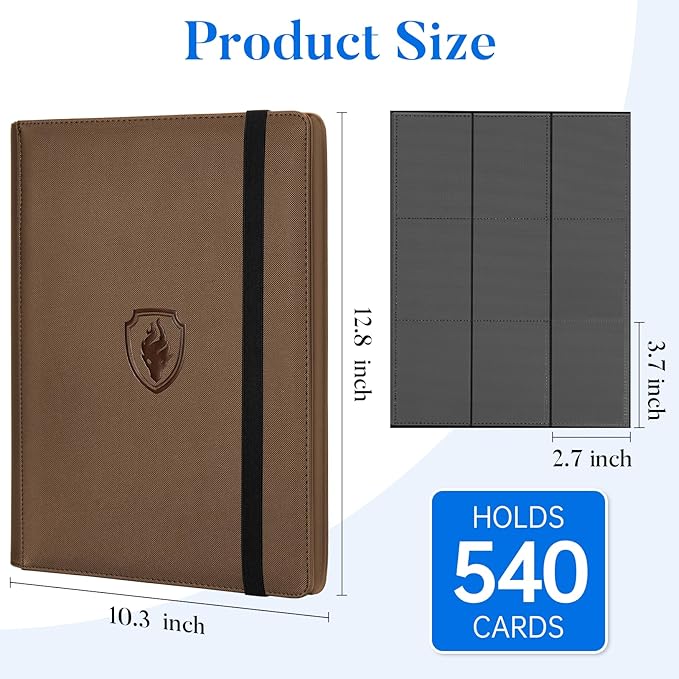 Premium 9 Pocket Card Binder for 540 Cards, Fabmaker PU Cover Trading Card Binder, Sturdy Card Collection Album, Sleek Card Holder Folders for Game Cards & Sports Cards, Brown