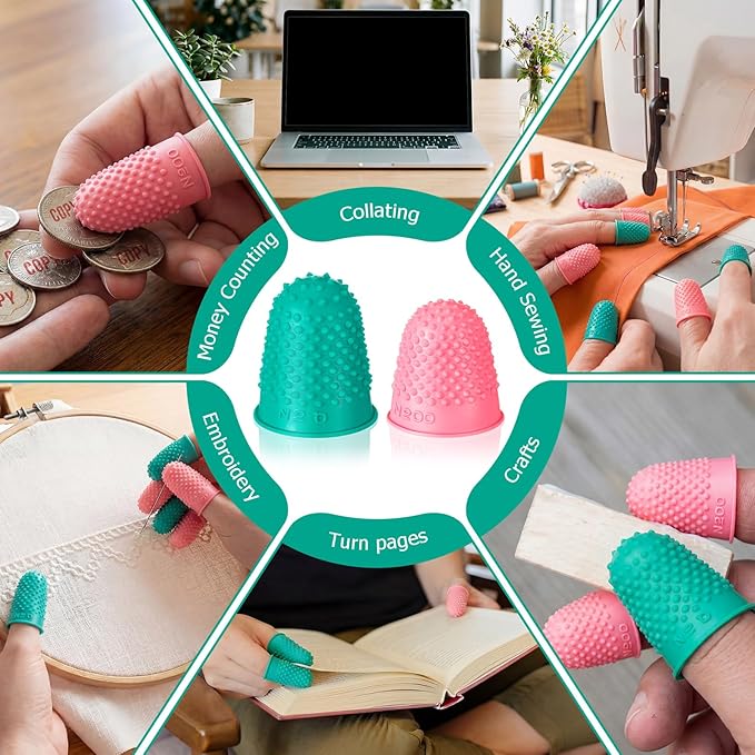 SATINIOR 20 Pcs Rubber Fingers Tip Finger Protectors Covers for Hand Sewing Reusable Grips Rubber Thimbles for Money Counting Collating Knitting Paperwork Hot Glue Sorting(Xs S,Pink Green)