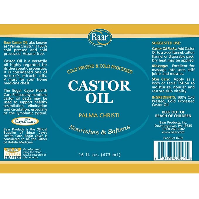 Baar Products Castor Oil - Cold Pressed - Hydrates Skin, Soothes Muscles & Joints, Moisturizes Body, and Renews Hair & Scalp - Hexane Free, 16 fl oz