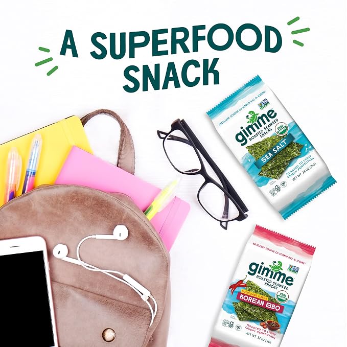 Gimme Seaweed Organic Premium Roasted Seaweed Snacks,Korean BBQ,Keto,Vegan,Gluten-Free,Great Source of Omega3s and Iodine,Healthy On-The-Go Snack for Kids and Adults,6 Count (Pack of 2)