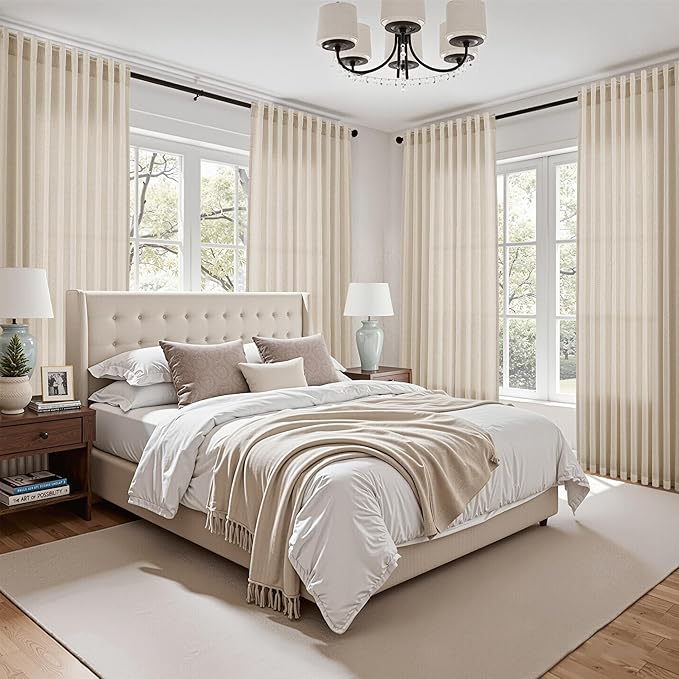 Cream Beige Linen Curtains for Living Room 100 Inches Long Light Filtering Semi Sheer Curtain Back Tab Modern Farmhouse Decor Elegant Luxury Coastal Drapes for Bedroom Dinner Room 52x100, 2 Panels