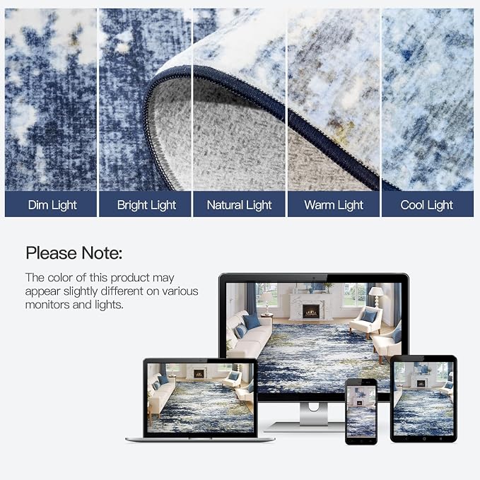 8x10 Area Rug for Living Room, Abstract Washable Large Rugs, Dark Blue | Neutral Carpet for Bedroom, Dining Room, Home Office, Nursery,Indoor, Stain Resistant, Non-Slip, Low Pile, Modern Rug