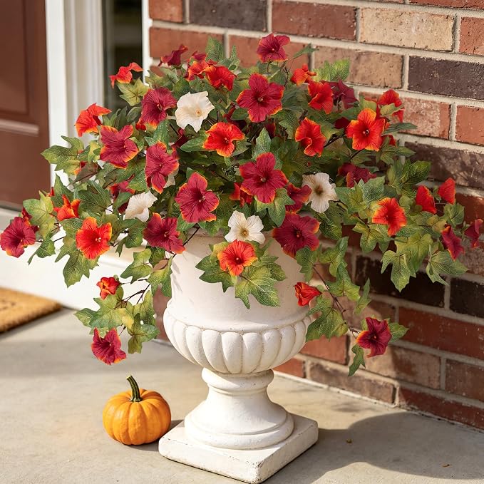 Ammyoo Artificial Fall Flowers Fake Petunias Plants for Outdoor Decoration | 2 Pcs UV Resistant Faux Silk Flowers No Fade Floral for Autumn Garden Balcony Yard Porch Realistic Indoor Decor No watering