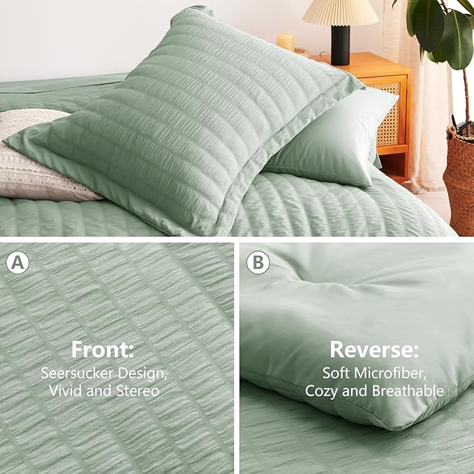CozyLux Queen Comforter Set Sage Green Seersucker 7 Pieces Bed in a Bag Queen Comforter Set with Sheets, Luxury Soft Bedding Set with Down Alternative Comforter, Sheets, Pillowcases & Shams All Season
