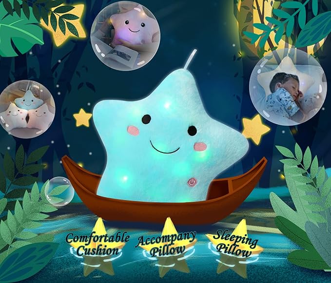 DearSun Set of 2pcs, 13'' Creative Twinkle Star Colorful Night Light Plush Pillows Light up Night Stuffed Toys Perfect for Birthday Christmas Holiday Valentines (Yellow+Blue)