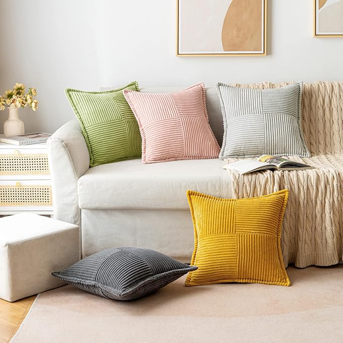 MIULEE Decorative Throw Pillow Covers for Couch 18x18 Inch Green 2 Pack | Boho Broadside Striped Patchwork Pillow Covers, Soft Corduroy Cushion Cases, For Sofa Bed Livingroom Home Decor