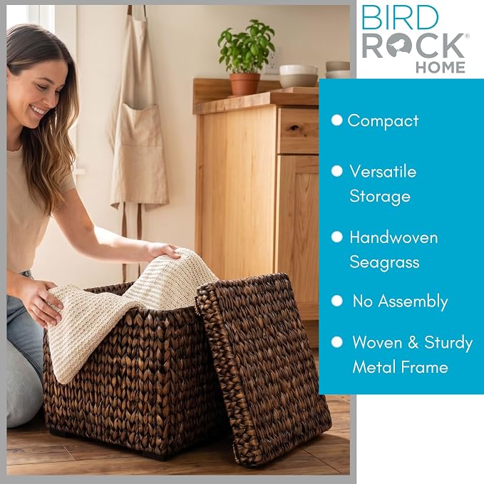 BIRDROCK HOME Storage Cube Box with Lid - Brown Wash Seagrass - Large Hand Woven Floor Container for Blankets Pillows - Sturdy Metal Frame