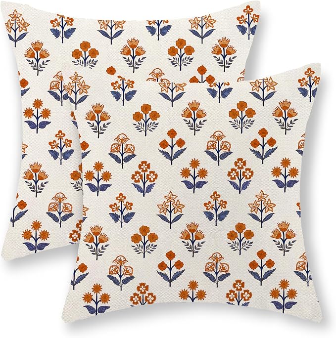 Farmhouse Floral Block Print Pillow Covers 18x18 Set of 2, Vintage Rustic Decorative Throw Pillows Modern Flower Cushion Covers for Sofa Couch Bed Living Room Home Decor, Navy Blue Orange