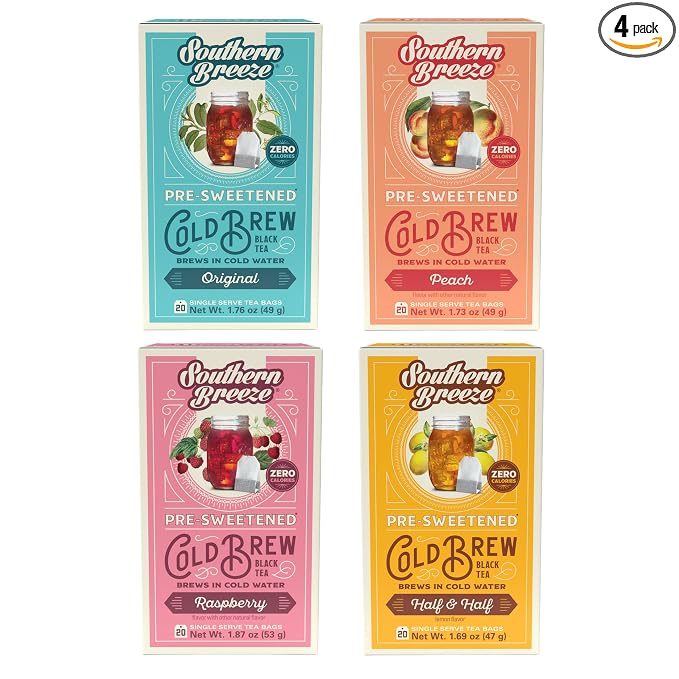 Southern Breeze Cold Brew Sweet Tea Variety Pack Iced Tea with Black Tea and Zero Carbs Zero Sugar, 20 Individually Wrapped Tea Bags, Pack of 4 Original, Raspberry, Peach, and Half & Half
