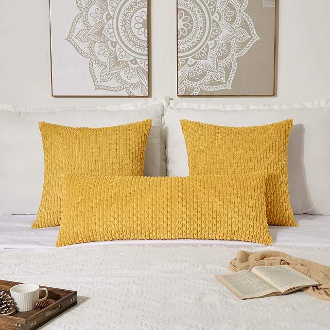 Kevin Textile Soft Corduroy 20"x54" Pillow Cover 1 Pack, Mustard Yellow | Boho Stripe Plush Corduroy Decorative Oblong Cushion Cover Modern Farmhouse Home Decor for Sofa Couch Bed Chair