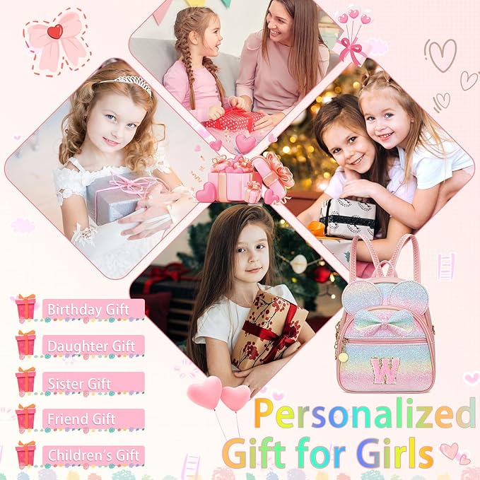 KKXIU Initial Bowknot Mini Backpacks for Girls Women, Small Cute Backpack Purse, Personalized Valentines Day Gifts for Toddler, Kids and Teen Girls(W, Rainbow)