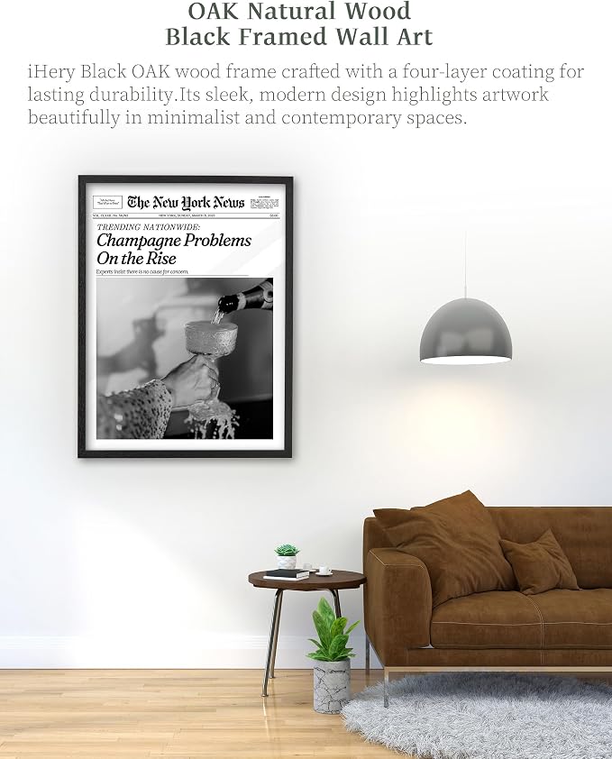 iHery 16x20in Champagne Problems on the Rise Framed Newspaper Art | Premium Black Natural OAK Wood Frame with Canvas Print, Vintage Champagne Decor for Bar Cart, Kitchen, Living Room 1Pack