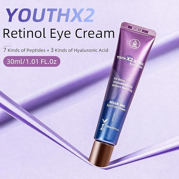 MEDB Retinol Eye Cream for Dark Circles & Wrinkles, Eye Cream Anti-Aging Under Eye Treatment with 7 Peptides & 3 Hyaluronic Acid for Hydration and Elasticity, Includes 360°Massage Roller, 30ml
