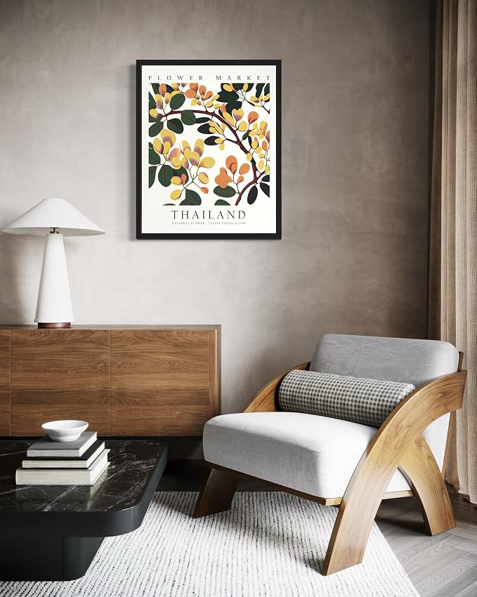 Thailand Flower Market Art Print Poster, Wall Art Floral Painting Botanical Decor for Bedroom, Kitchen, Bathroom Livingroom Decoration 82B (Thailand, 24"L x 18"W, Black Frame)