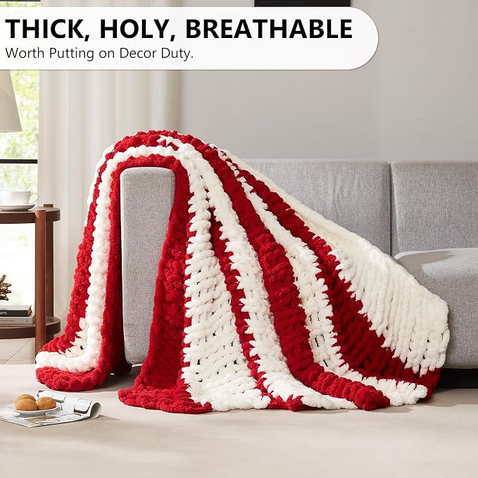 L'AGRATY Chunky Knit Throw Blanket for Couch, 72 x 84 Inches, Red White | Handmade Chenille Crochet Blanket for Sofa Bed, Thick Cable Knitted Blankets for Room Home Decor, Birthday Gift for Women Mom