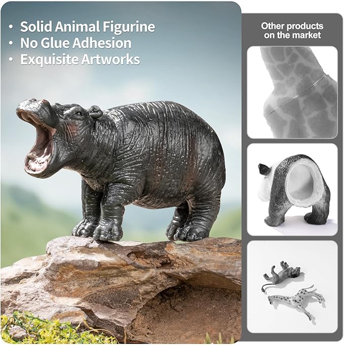 Safari Hippo Animals Toys, 4PCS Plastic Wild Animals Family Figures Toy for Kids Ages 3-5 Includes Hippopotamus and Cubs, Cake Toppers Birthday Gift Party Favors for Boys Girls