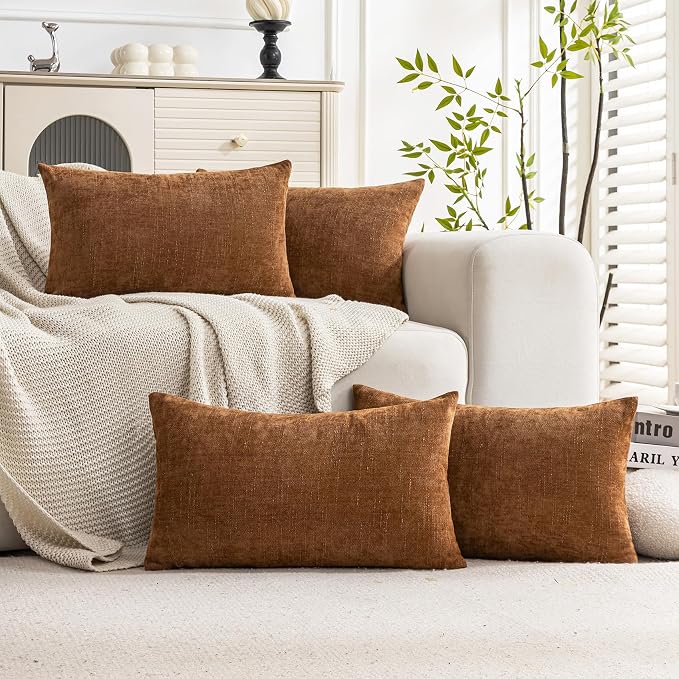 Set of 4 Soft Textured Decorative Throw Pillow Covers 12x20 Inch Cozy Farmhouse Cushion Cover Square Accent Pillow Cases for Bed Couch Sofa Living Room, Brown