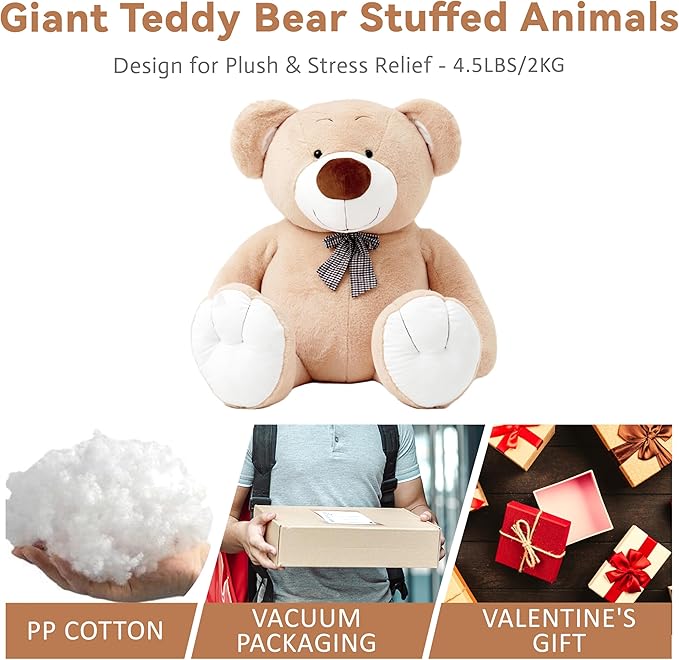 Giant Teddy Bear Stuffed Animal, Big Teddy Bear Plush, Birthday Christmas Valentine's Gift for Girlfriend & Kids, Light Brown