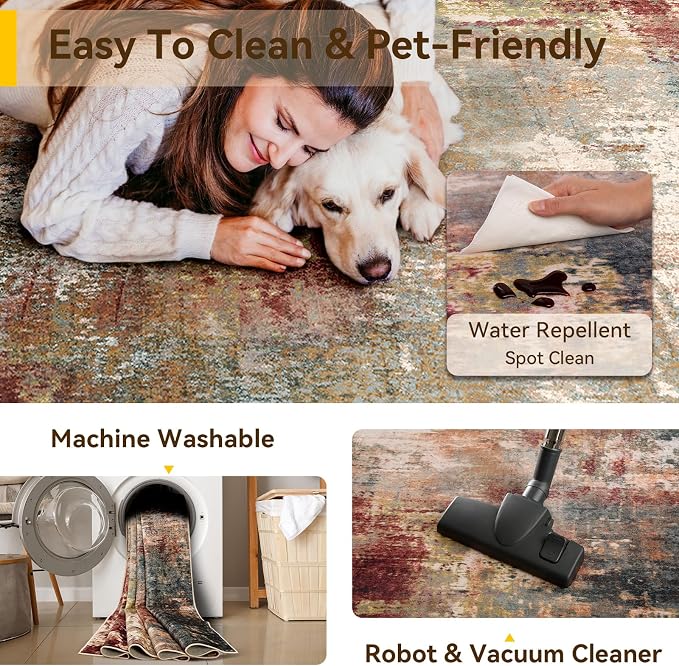 RELEANY Washable 2'x5' Abstract Area Rug for Living Room Rustic Brown | carpet for bedroom, kitchen, office, hallway and entryway, printed pattern, non-slip, soft, stain-resistant, easy to clean