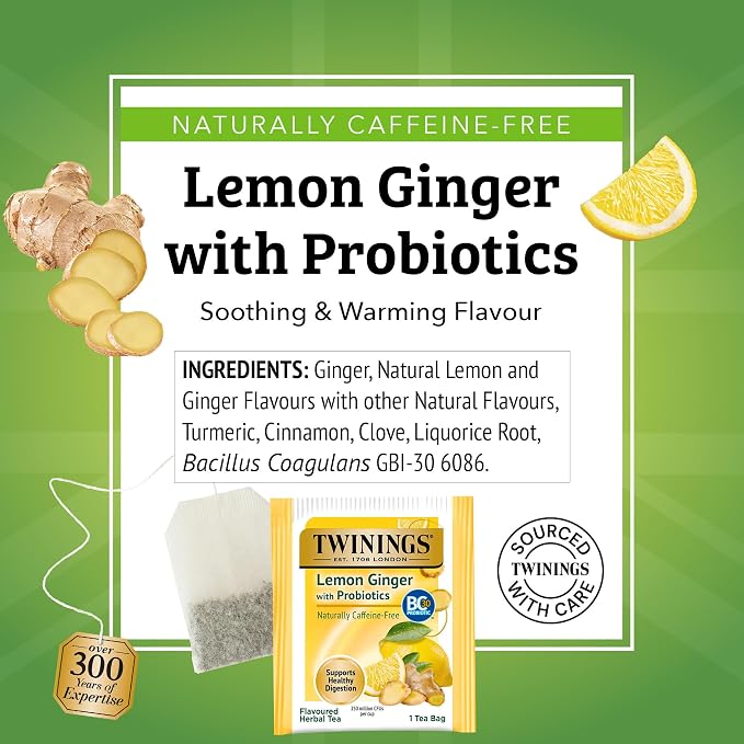 Twinings Superblends Probiotics+ Lemon & Ginger Flavoured Herbal Tea with Turmeric, Caffeine-Free, 18 Count (Pack of 1), Enjoy Hot or Iced, 18 Teabags